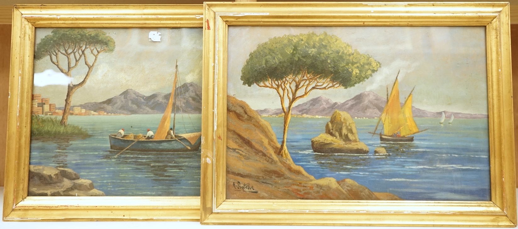 Continental School, Coastal views with boats, each bearing signature, pair of oils on board, 32 x 46cm